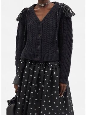 Black Cable-Knit V-Neck Button Cardigan Sweater